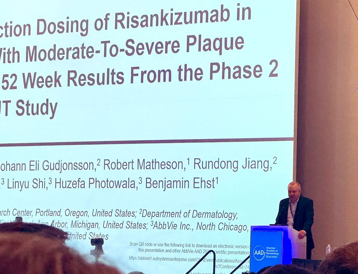 Fascinating results from @NPF Medical Board Chair Dr. Andrew Blauvelt presented at #AAD2024. Durable clearance is being achieved with high dose risankizumab. 83% achieved a PASI 100 and half remained clear at 52 weeks.