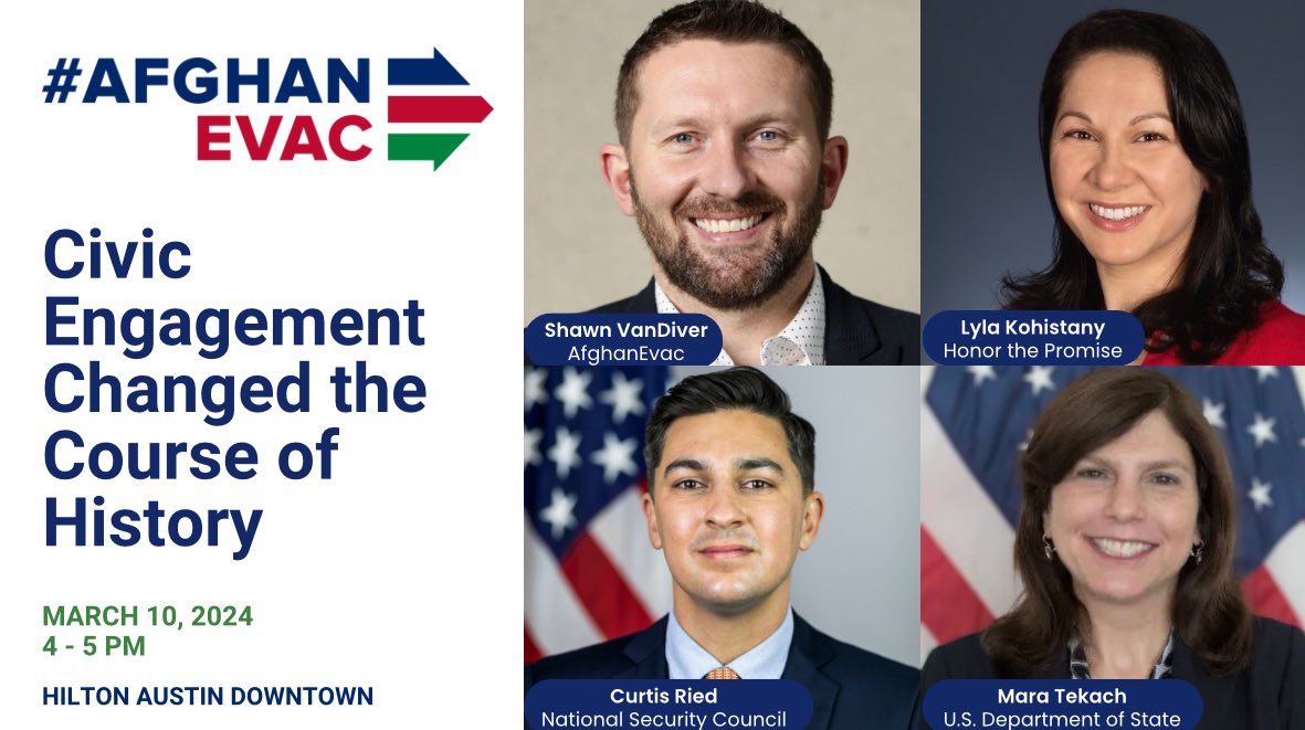 2 hours 18 mins til I get to lead a panel sharing the story / impact of @afghanevac alongside @StateDept & @WhiteHouse leaders with whom we work. So glad to be on this journey with my pal @LylaKohistany who always brings the heat. See y’all soon! AfghanEvac.org/sxsw