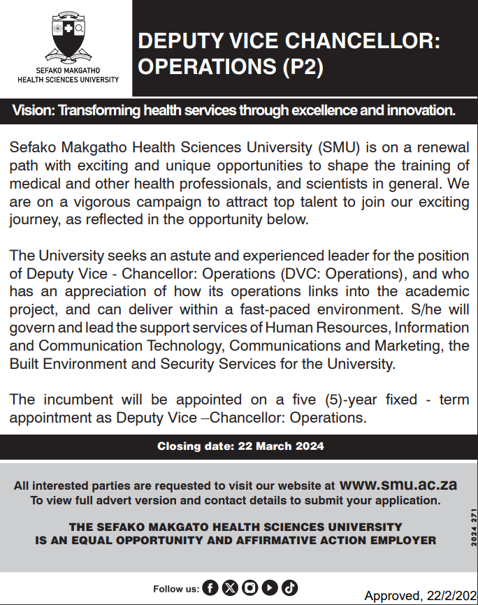 WE ARE HIRING | The Sefako Makgatho Health Sciences University (SMU) envisages transforming health services through excellence and innovation. Open the link, to view available vacancies: smu.ac.za/vacancies/. #WeAreSMU.
