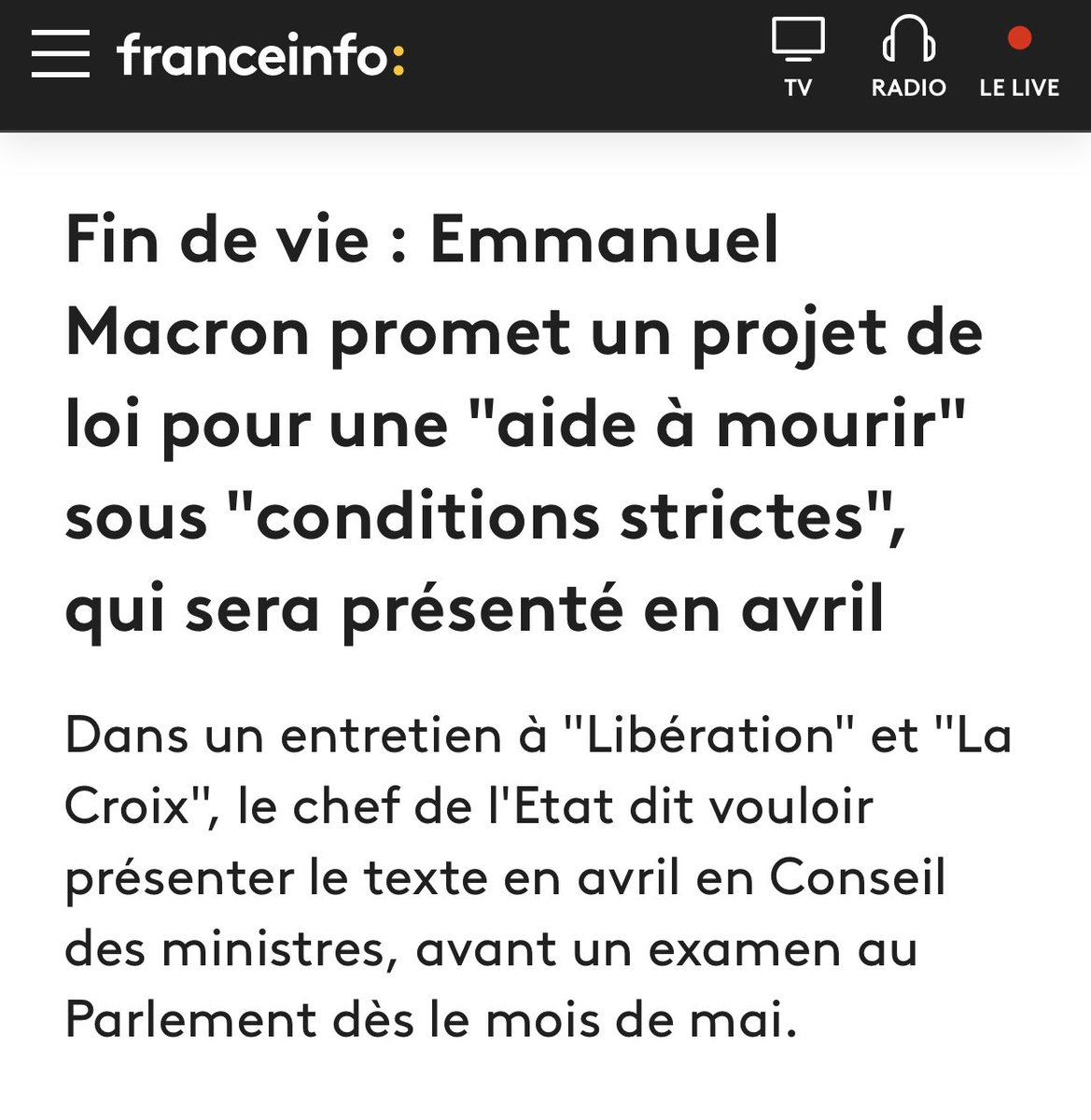 L’acharnement du pouvoir en place à saper le fondement de la relation soignants-soignés qu’est l’interdit de tuer ne peut que fragiliser les #soinspalliatifs qu’il prétend défendre. 
Leur destruction par dénaturation ne pourra qu’aggraver la grave crise de notre système de santé.