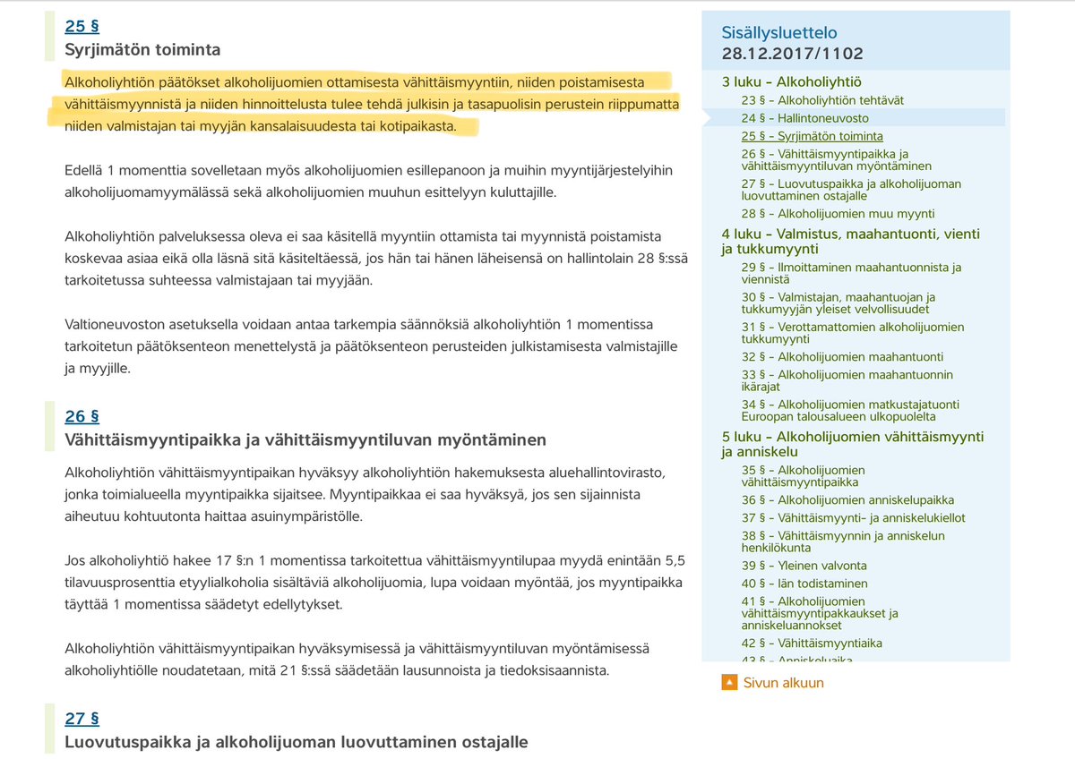 Alko rikkoo selvästi lakia, jos yhtiö kuvittelee voivansa itse valita, minkä juomien osalta päätöksenteko on tasapuolista. Laissa ei juomia eritellä.

Ilmeisesti Alko aikoo lain vastaisesti luopua myös muutoksenhakukeinoista näiden enintään 5,5 %:n juomien osalta.