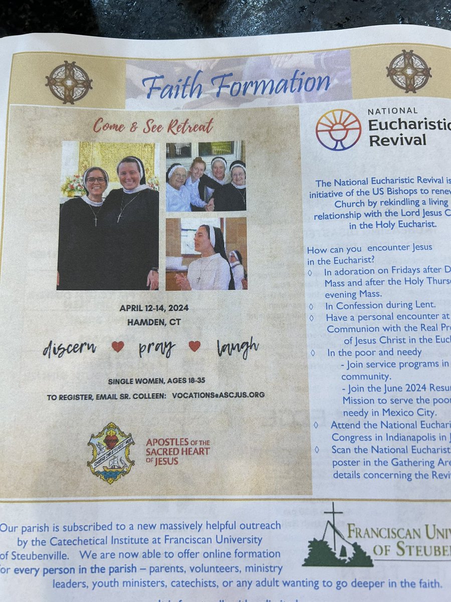 CarrieCMitchell's tweet photo. Look who we found in the bulletin of the Church we went to for Mass this am @CorJesuAcademy! So cool for the 7 seniors on Spring Break to see! #ChurchOfTheResurrection! #Chargers2024 https://t.co/kKN3lve2m4