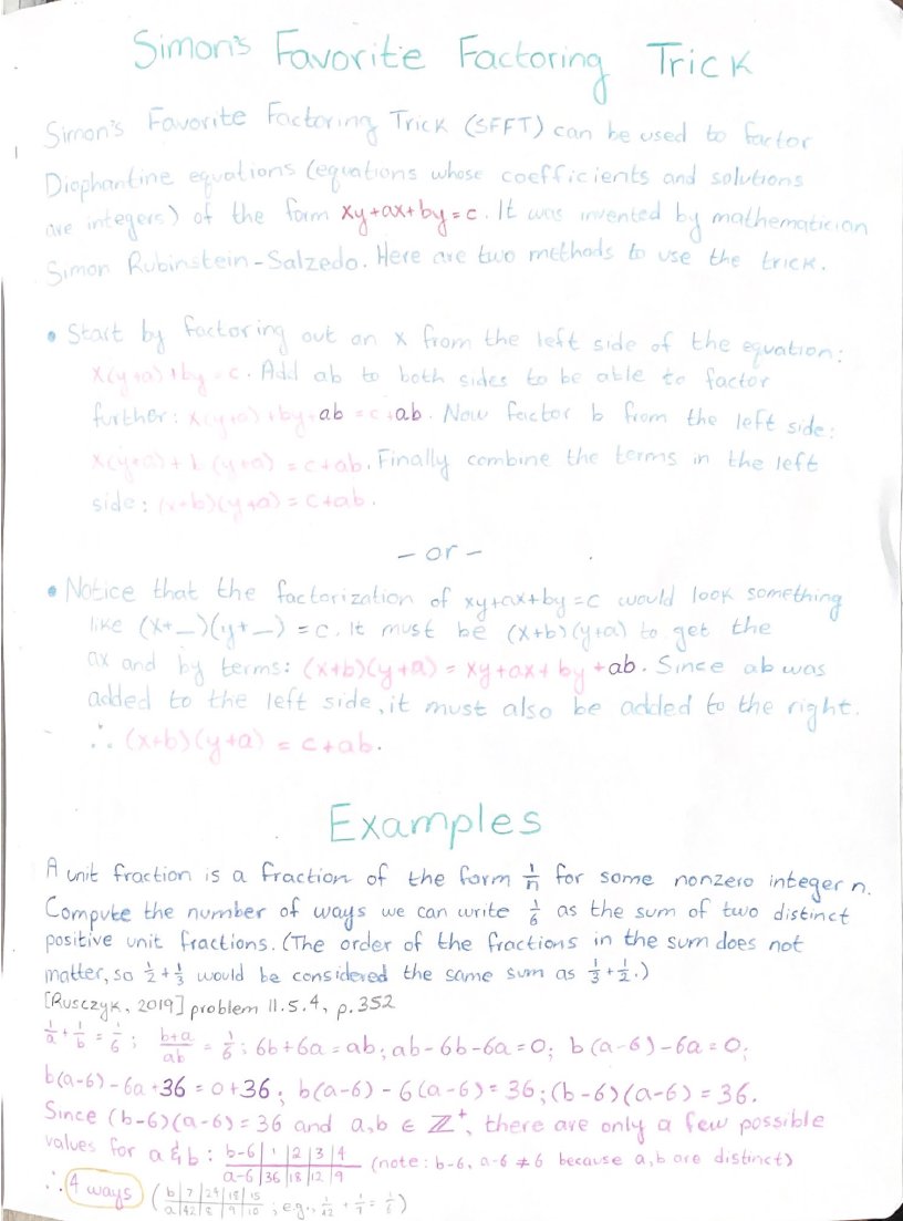 dbarman's tweet image. I&apos;m looking forward to teaching Simon&apos;s Favorite Factoring Trick to my algebra students today and exploring some #historyOfMath including #Diophantus and #Brahmagupta - what amazing contributions so long ago they made! #mtbos #iteachmath #mathisfun My kiddo&apos;s summary of SFFT: