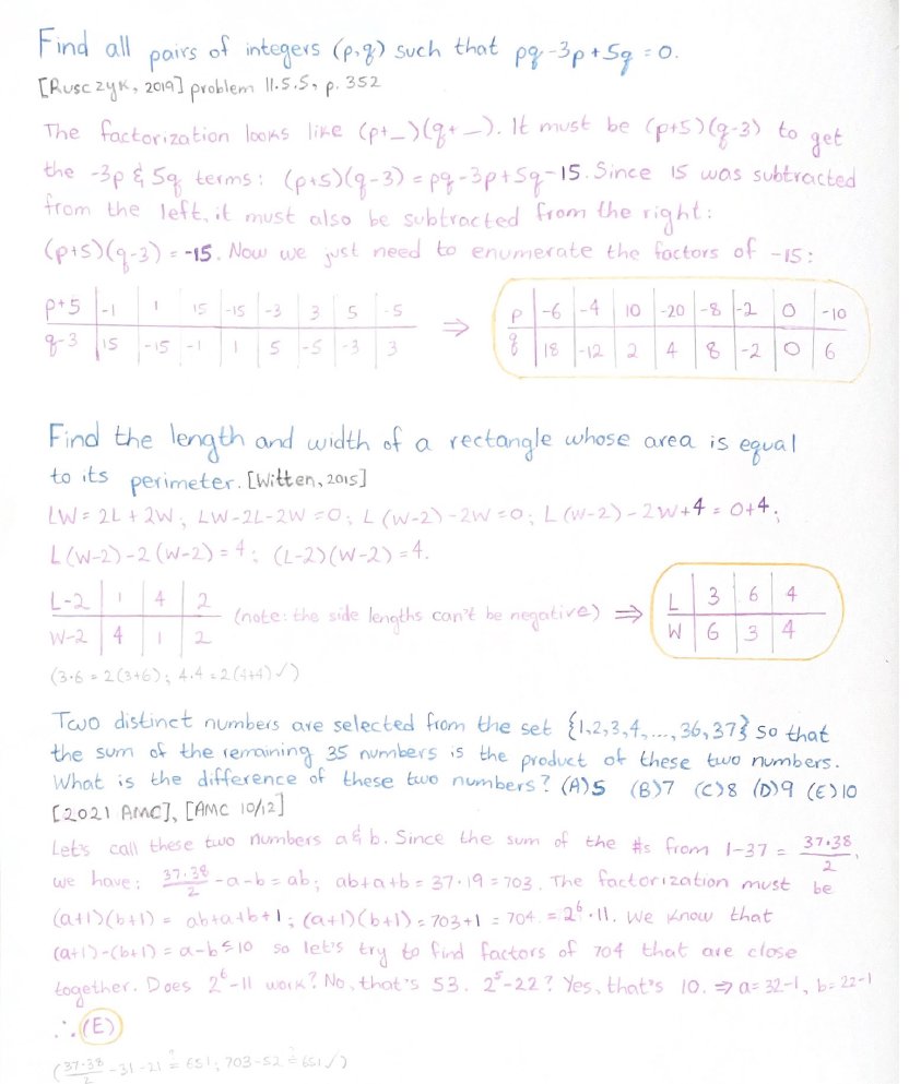 dbarman's tweet image. I&apos;m looking forward to teaching Simon&apos;s Favorite Factoring Trick to my algebra students today and exploring some #historyOfMath including #Diophantus and #Brahmagupta - what amazing contributions so long ago they made! #mtbos #iteachmath #mathisfun My kiddo&apos;s summary of SFFT: