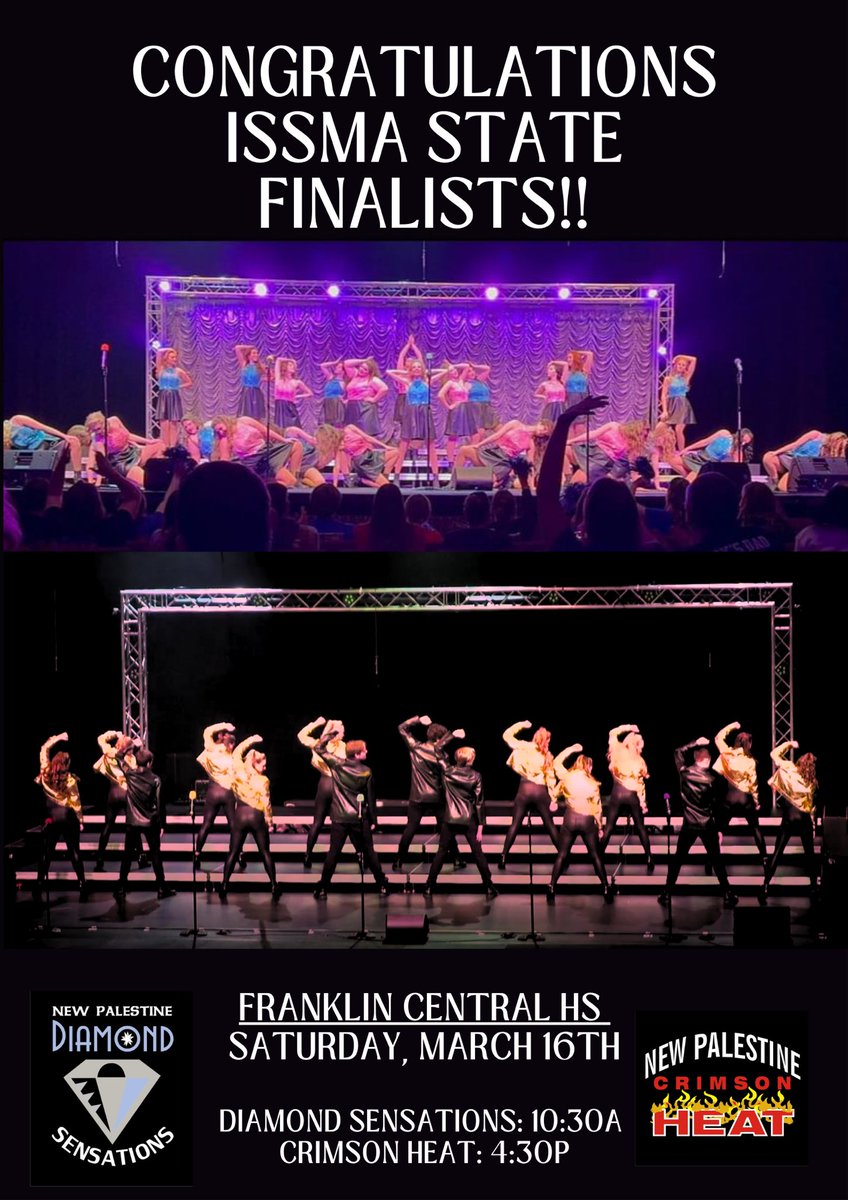 Congratulations to Diamond Sensations and Crimson Heat for qualifying for the ISSMA State Show Choir Finals!! @VoelzJames @llantrip @SouthernHancock @MitchanerNPHS