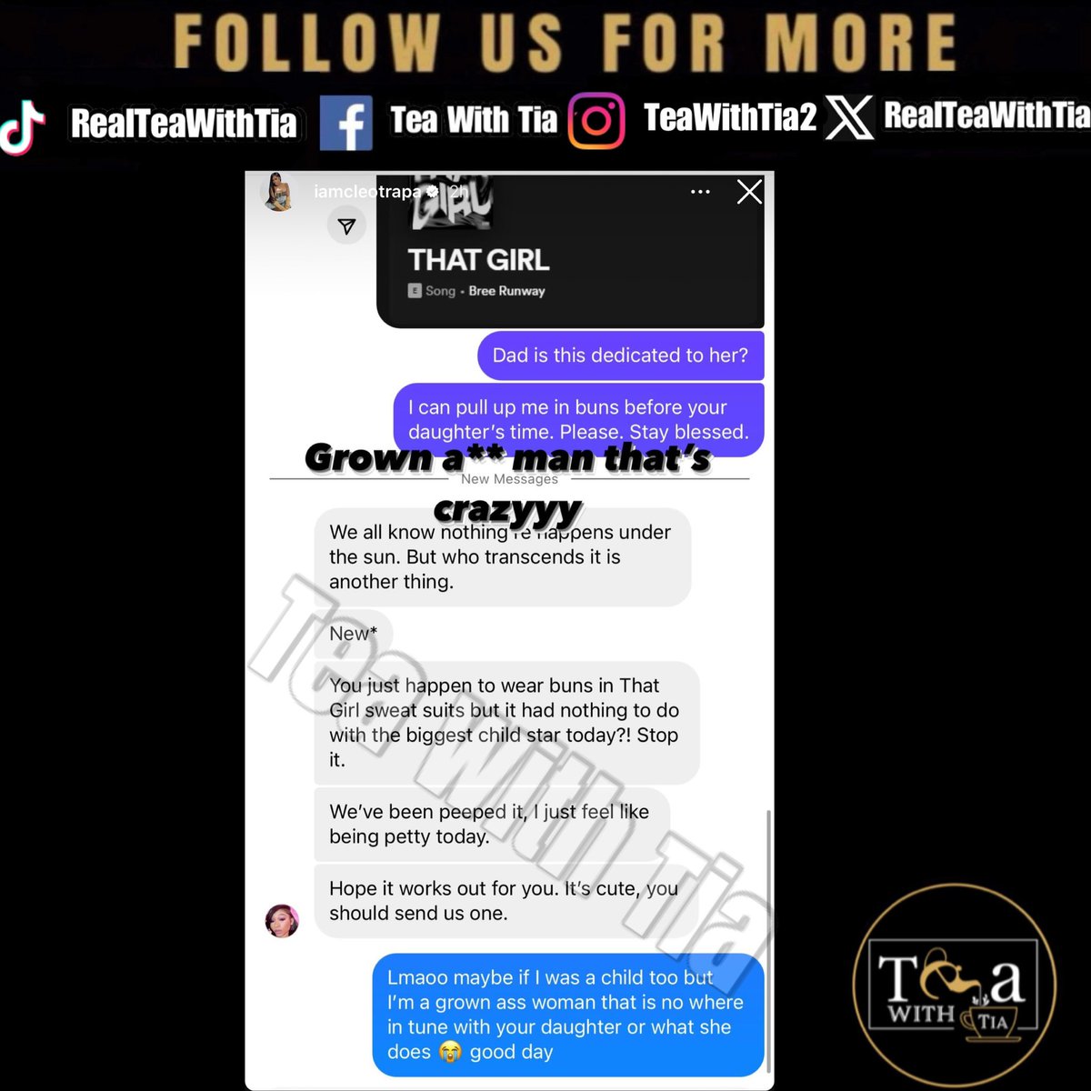 #Cleotrappa was confronted by #ThatGirlLayLay’s dad accusing her of “copying” his daughter’s aesthetic with the buns and “That Girl” merch. Cleotrappa says don’t get it twisted, she been doing this before Lay Lay even came outside. 

Is he reaching ?
