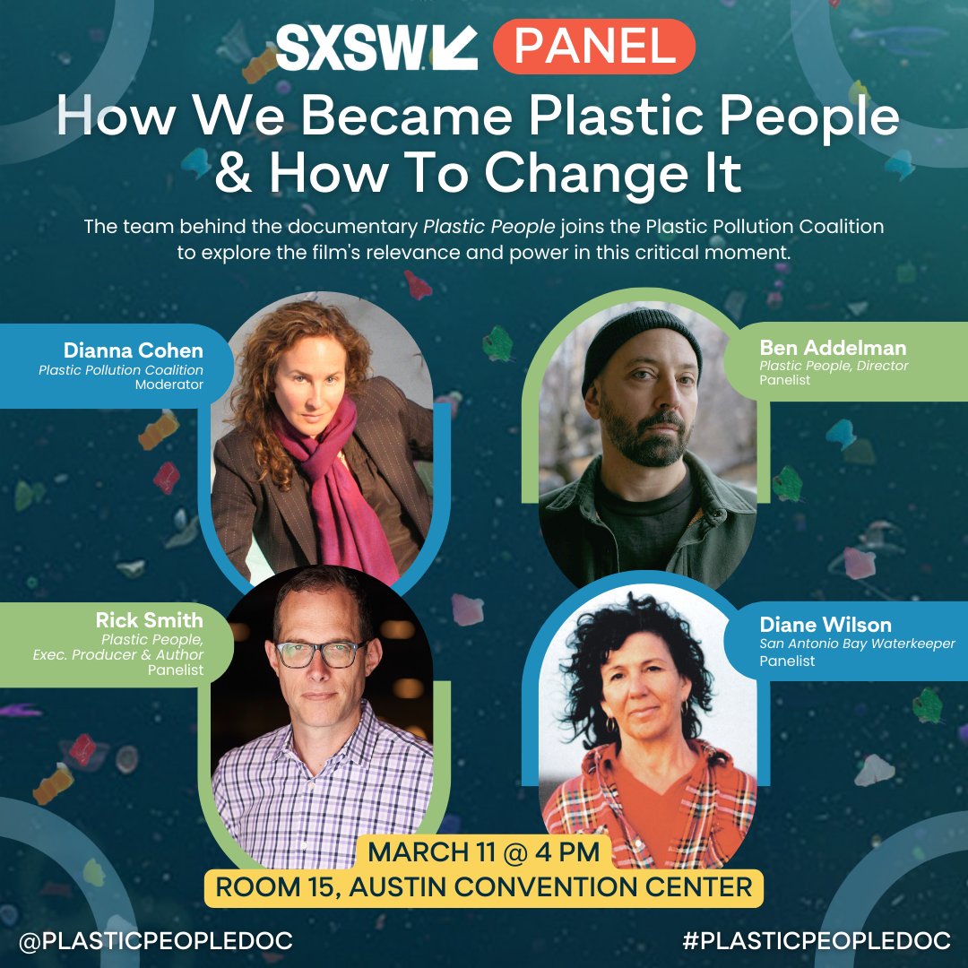 Meet the team behind the #PlasticPeopleDoc and join the panel discussion at @SXSW with @plasticpollutes' Dianna Cohen, @plasticpeople_ director Ben Addelman, author Rick Smith, and waterkeeper Diane Wilson. 📽️

🎞️ ow.ly/lXAV50QOPsc

#PlasticPollutes