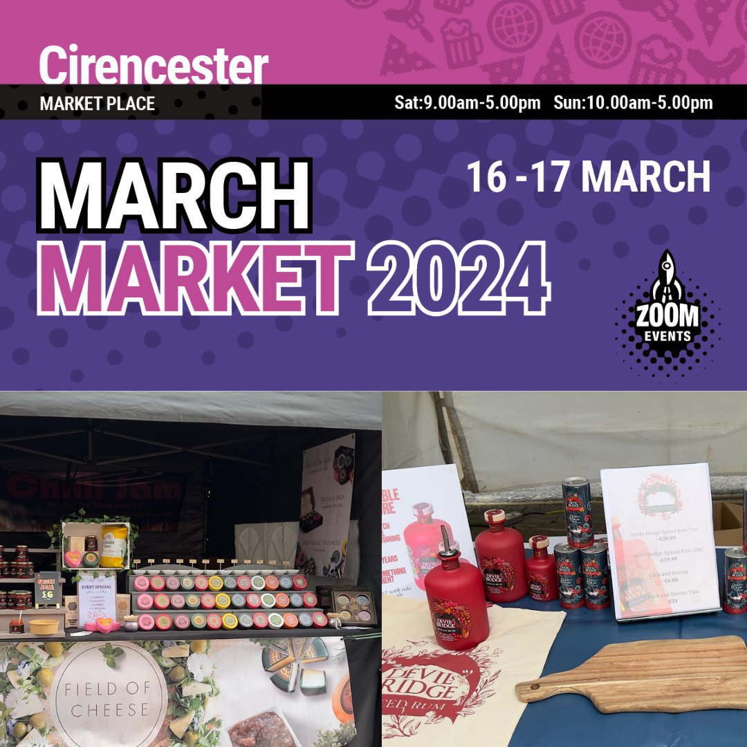 There's less than a week to go until #CirencesterMarchMarket returns. Pop down to Cirencester's Ancient Market Place on 16th & 17th March for delicious street foods, handmade groceries, homeware, clothing and gift ideas!

#Gloucestershire #GloucestershireEvents #Cotswolds