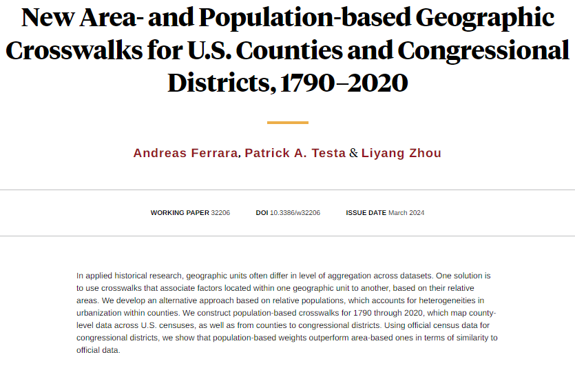 NBER (@nberpubs) on Twitter photo New population-based crosswalks to harmonize US county boundaries from 1790 to 2020, map county-level data across US censuses as well as from counties to congressional districts, from <a href="/Andreas_Ferrara/">Andy Ferrara</a>, @patesta, and <a href="/LiyangZhou6/">Liyang Zhou</a> nber.org/papers/w32206 New population-based crosswalks to harmonize US county boundaries from 1790 to 2020, map county-level data across US censuses as well as from counties to congressional districts, from <a href="/Andreas_Ferrara/">Andy Ferrara</a>, @patesta, and <a href="/LiyangZhou6/">Liyang Zhou</a> nber.org/papers/w32206