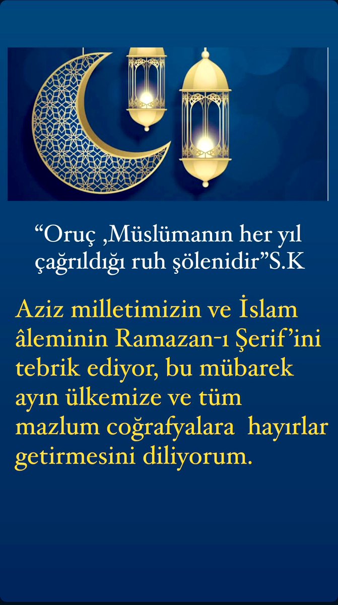 Aziz milletimizin ve İslam âleminin Ramazan-ı Şerif’ini tebrik ediyor, bu mübarek ayın ülkemize ve tüm mazlum coğrafyalara hayırlar getirmesini diliyorum.#Ramazan