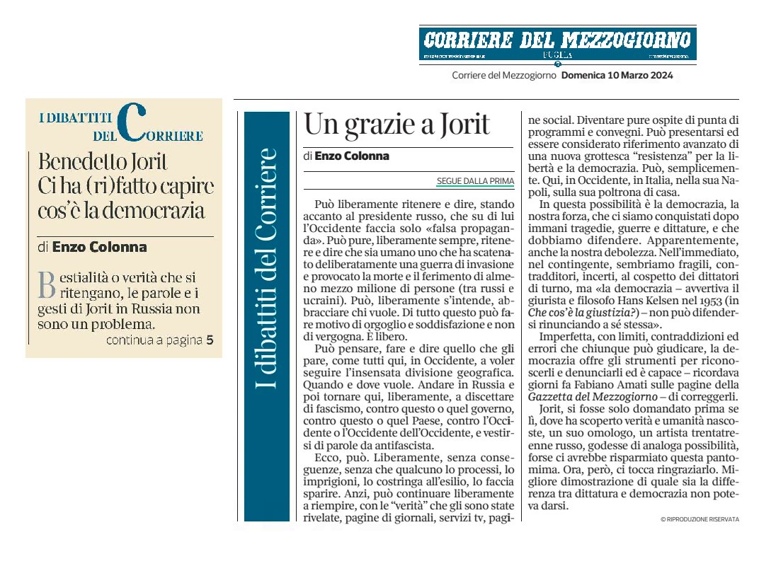 Benedetto #Jorit! Ci ha (ri)fatto capire la differenza tra #democrazia e #dittatura. Ci tocca ringraziarlo.
Nell'immagine, l'intervento pubblicato oggi nel <a href="/corrmezzogiorno/">CorriereMezzogiorno</a>, dorso pugliese del <a href="/Corriere/">Corriere della Sera</a>.
Per agevolare la lettura, riporto il testo qui
facebook.com/share/p/ReJcKM…
