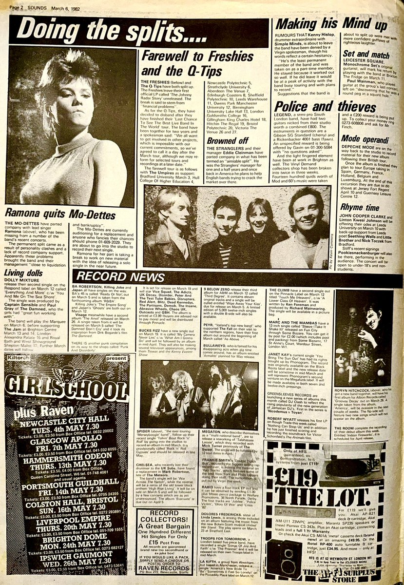 ZoundsAbound's tweet photo. Q-Tips and The Freshies call it a day, Mo-Dettes lose a Mo-Dette, and new releases for Robert Wyatt, Killing Joke, Visage and Japan.
#QTips #Freshies #MoDettes #RobertWyatt @Killingjokeband #Visage #Japan
Sounds Mar 6th issue 1982 https://t.co/02A55Mill7