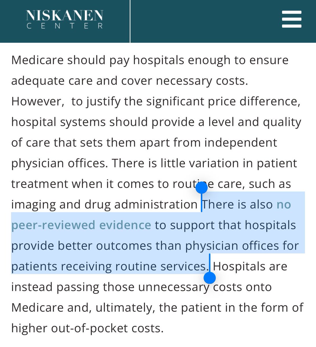 Current Medicare rules pay almost double for routine services if they are done at a hospital rather than at a physician’s office, despite the fact that: a) there is no evidence that suggests better outcomes b) this has lead to a lot of industry consolidation to game the system