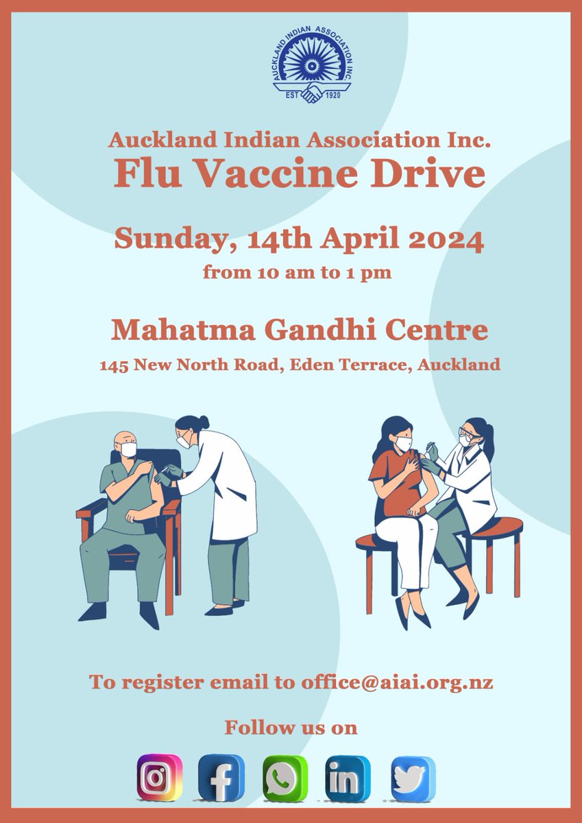 We're thrilled to announce that we'll be hosting a Flu Vaccine Drive at the Mahatma Gandhi Centre on April 14th, 2024! For registration & more info email to office@aiai.org.nz! #FluVaccineDrive #MahatmaGandhiCentre #StayHealthy