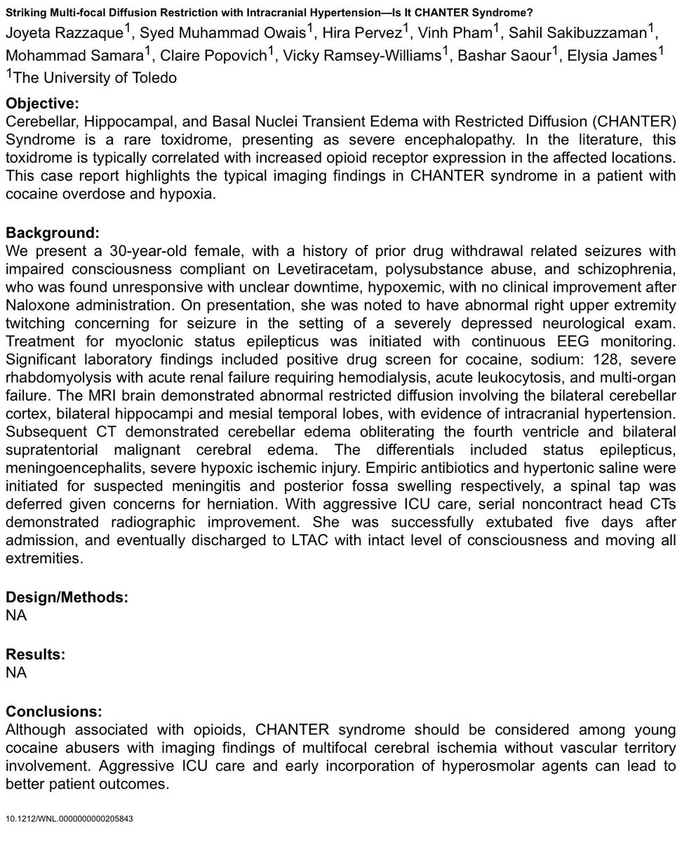 Interesting case abstract from U of Toledo to be presented <a href="/AANmember/">American Academy of Neurology</a> Annual Meeting 🧠

Questions I’d have:

1. Were fentanyl or other synthetic opioids specifically tested for?

2. Were basal nuclei involved, as in CHANTER?

<a href="/drhirapervez/">Hira pervez</a> @seized_water