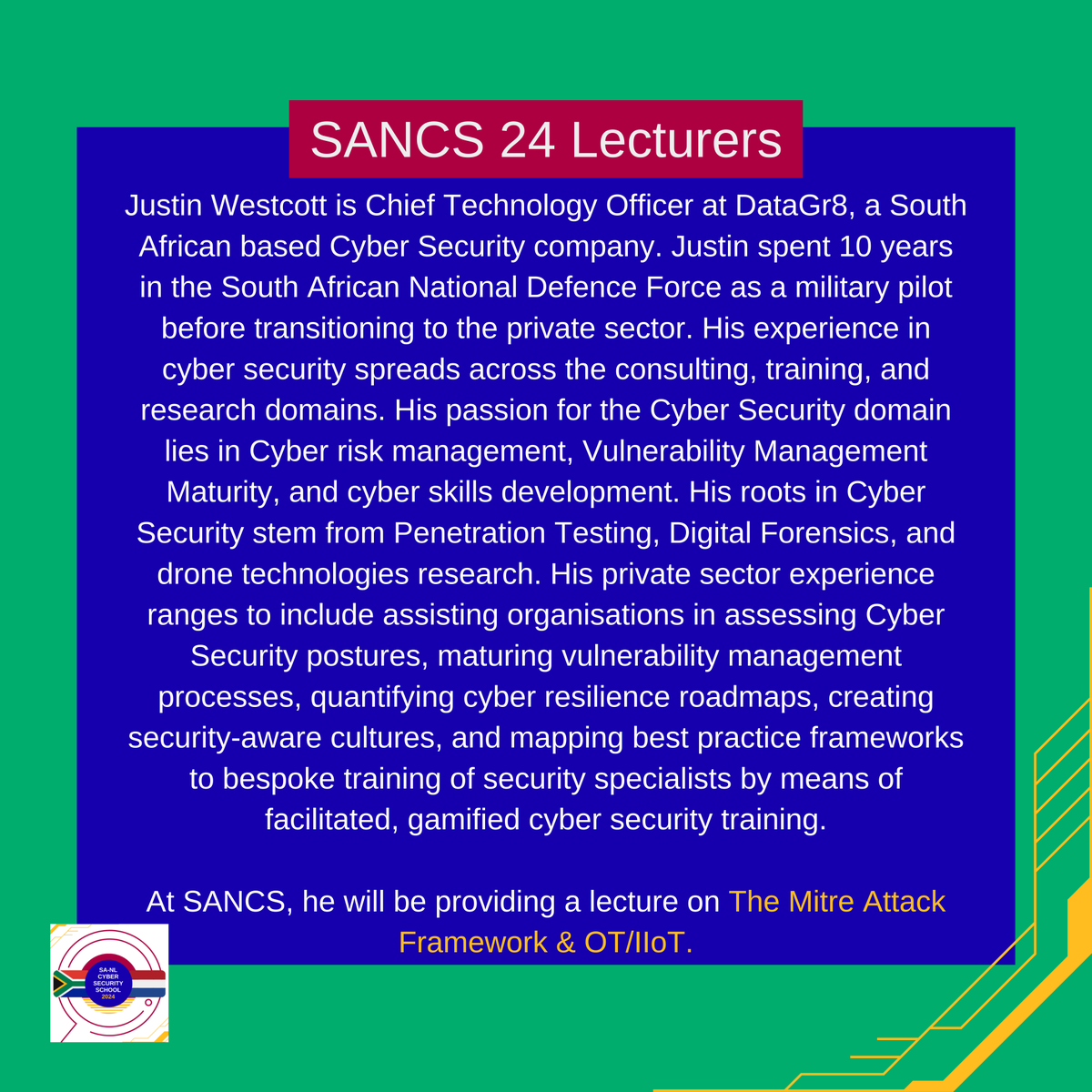 SANCS26's tweet photo. 📢We are pleased to announce that Justin Westcott will be lecturing at #SANCS24!
Justin Westcott is Chief Technology Officer at DataGr8. His experience in cyber security spreads across the consulting, training & research domains.
Read on to find out what he'll be lecturing on. https://t.co/PEGOhewqTk
