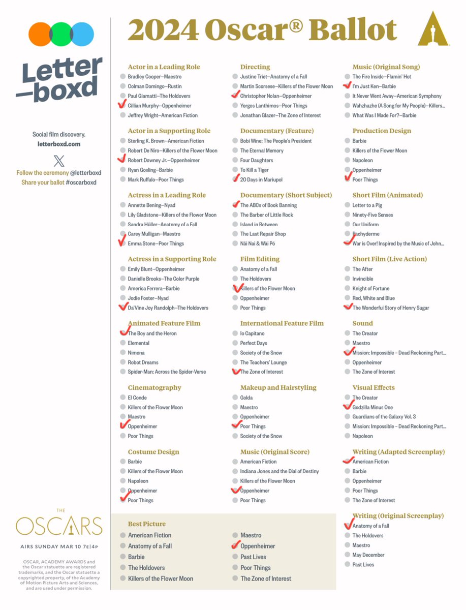 Oscar için seçimlerimizi yapıp yerimizi aldık, bekliyoruz 
#Oscars2024