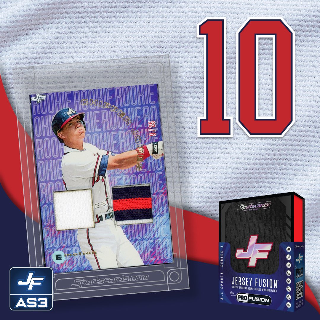 Chipper Jones for our 10th day of showing off Jersey Fusion All Sports 3. An Atlanta Braves legend, this particular original E-Motion card is paired with two premium swatches from his 2000 Braves Game Used Jersey! 

#JerseyFusion
#JFAS3
#ChipperJones
#Braves
#TradingCards