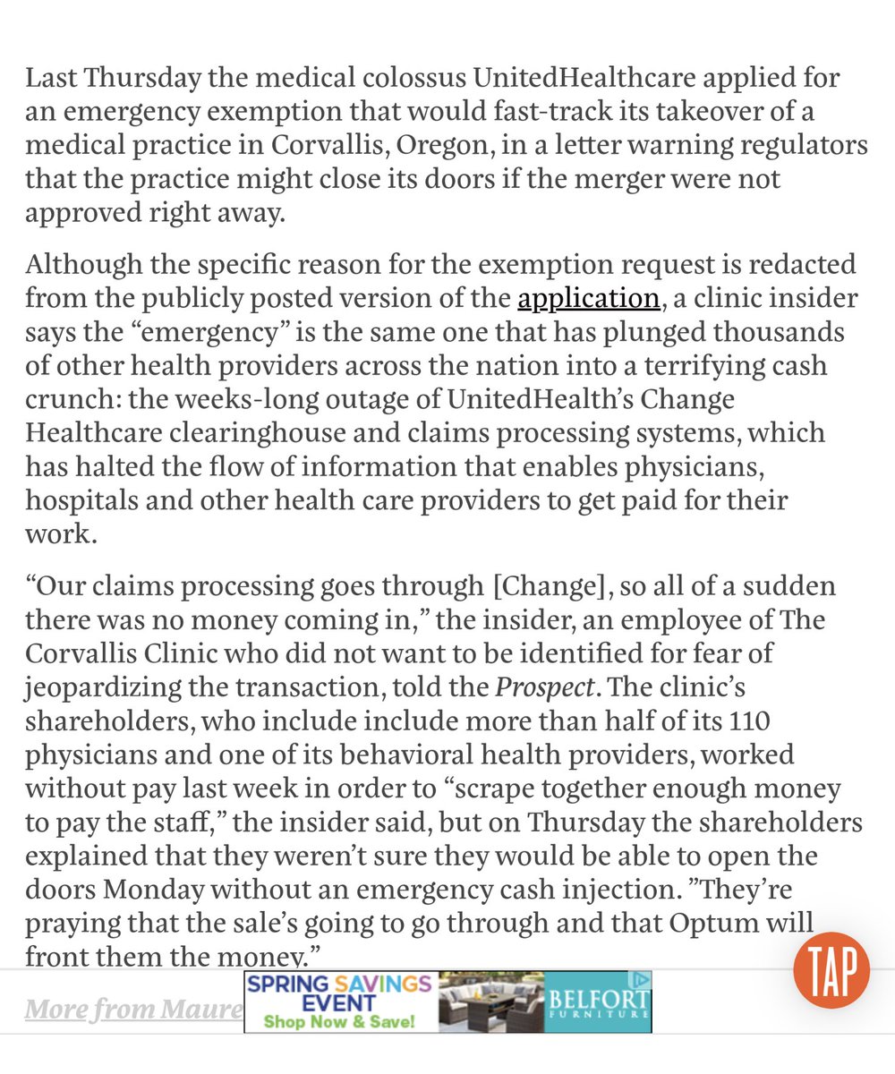 'UnitedHealthcare applied for an emergency exemption that would fast-track its takeover of a medical practice in Corvallis, Oregon, warning regulators that the practice might close its doors if the merger were not approved right away.' why? Practice crippled by Change Hack