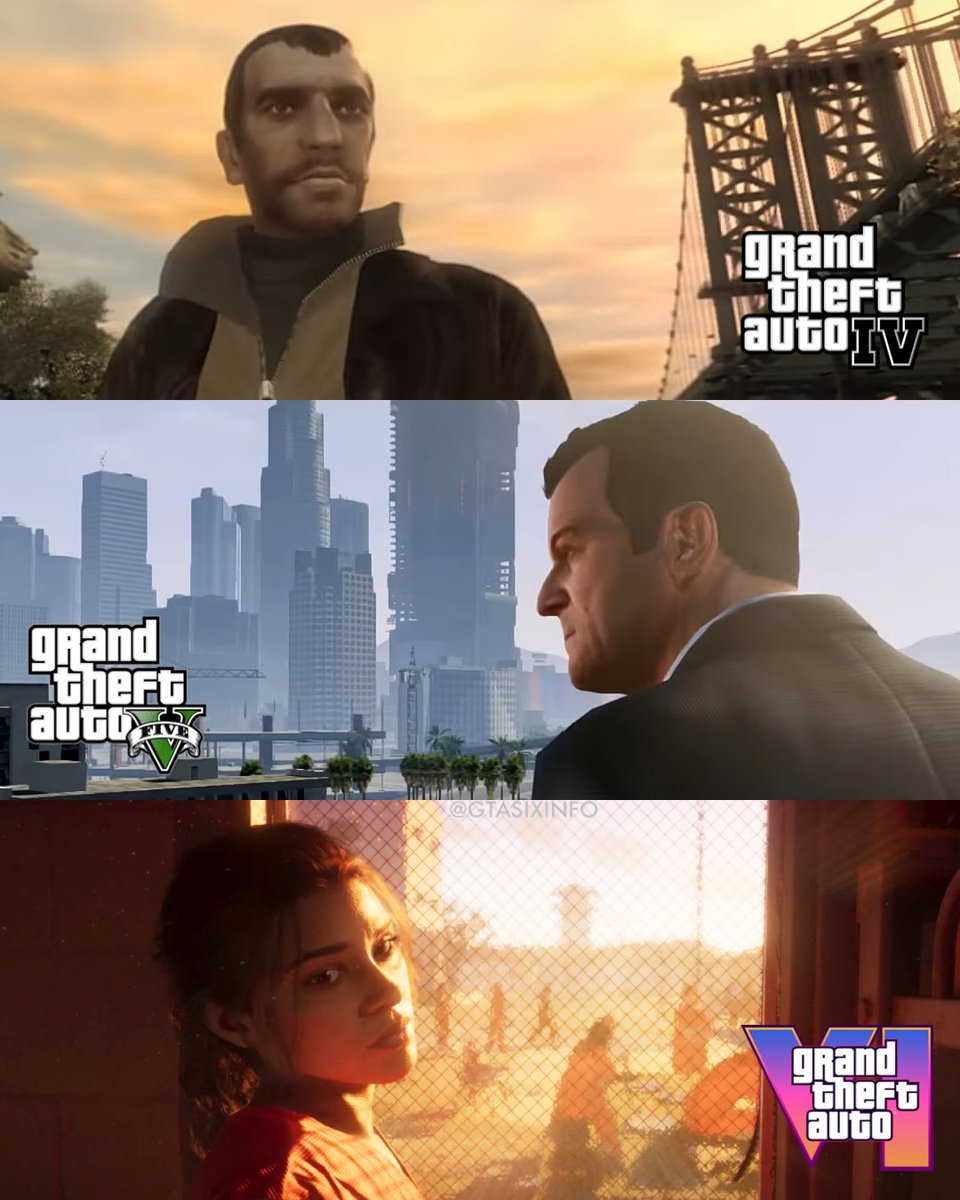 GTASixInfo's tweet photo. 16 years of evolution from GTA IV - VI debut trailers https://t.co/W2cwJDE1Xf