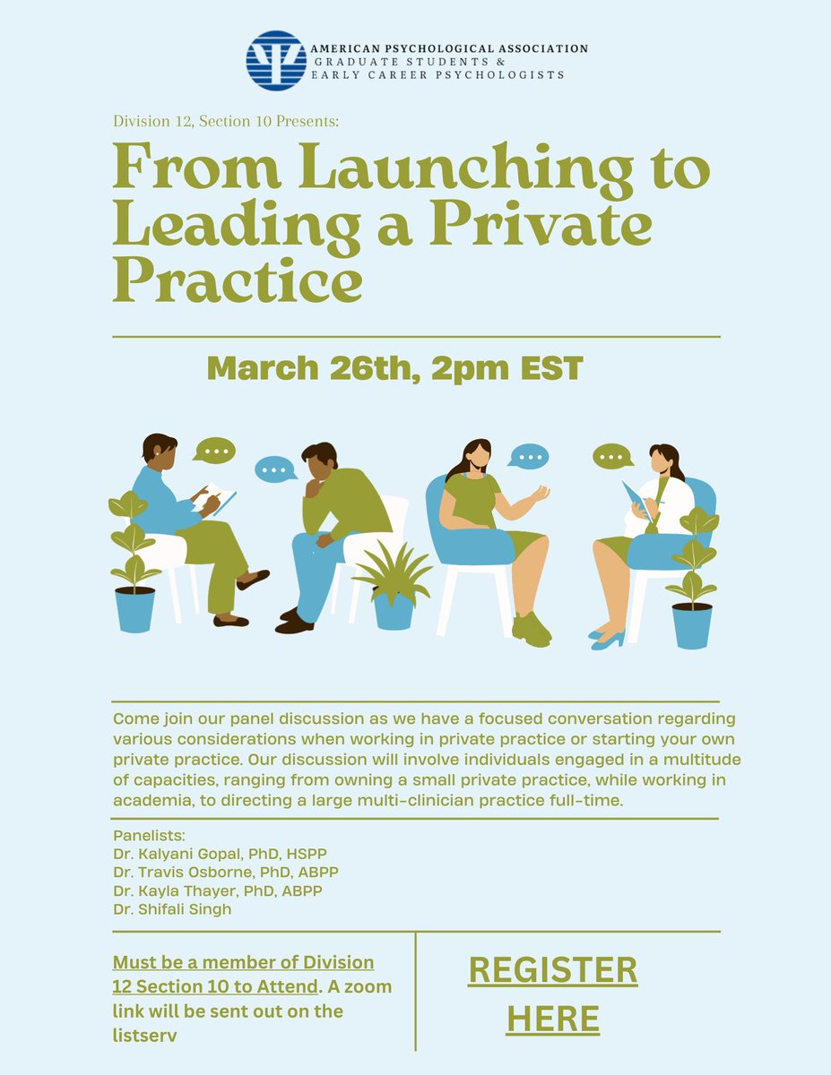 Come join us for a panel discussion on 3/26 at 2PM EST focused on all things private practice! We have a fantastic lineup of panelists 🙌 We can't wait to see y'all there! Register here: tinyurl.com/mrbydbsf #psychtwitter #academictwitter @SCPdiv12