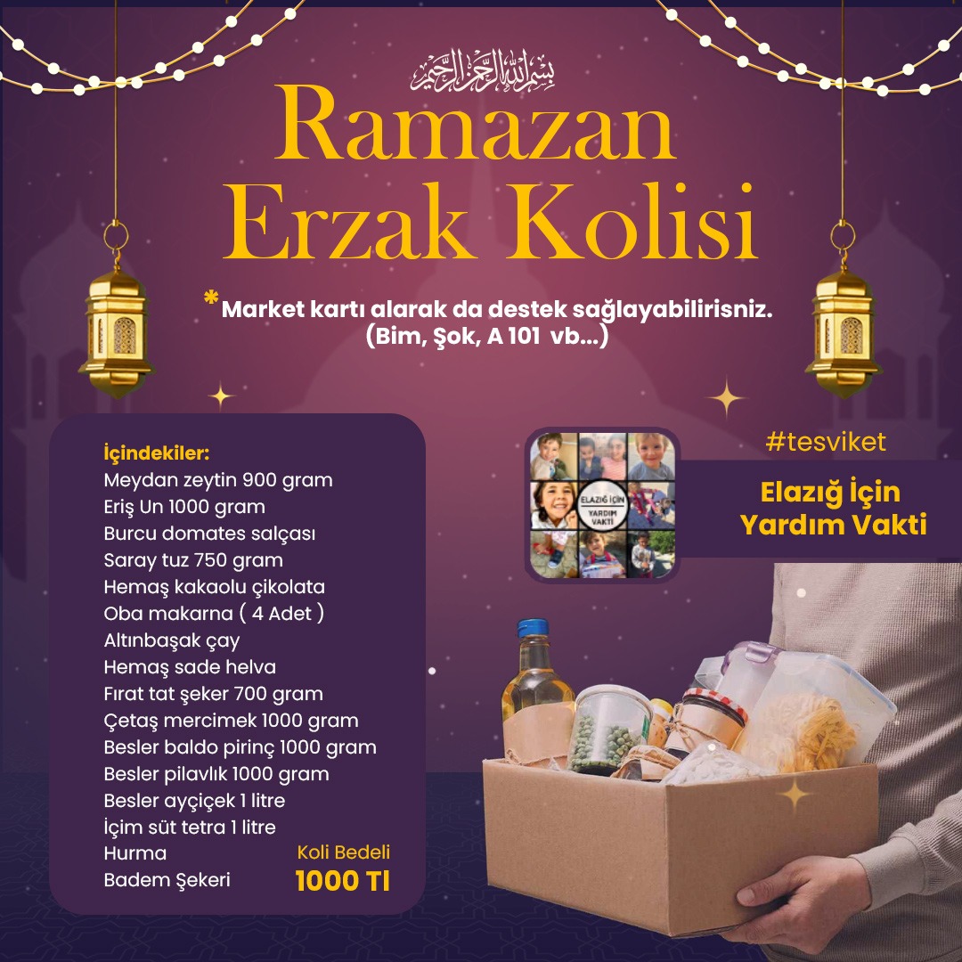 Ramazan ayının gelmesiyle birlikte siz değerli hayırseverlerimiz için belirlediğimiz koli içeriği ve fiyatı. Destek olmak, detaylı bilgi almak isterseniz bizlerle iletişime geçebilirsiniz. ✨🙏