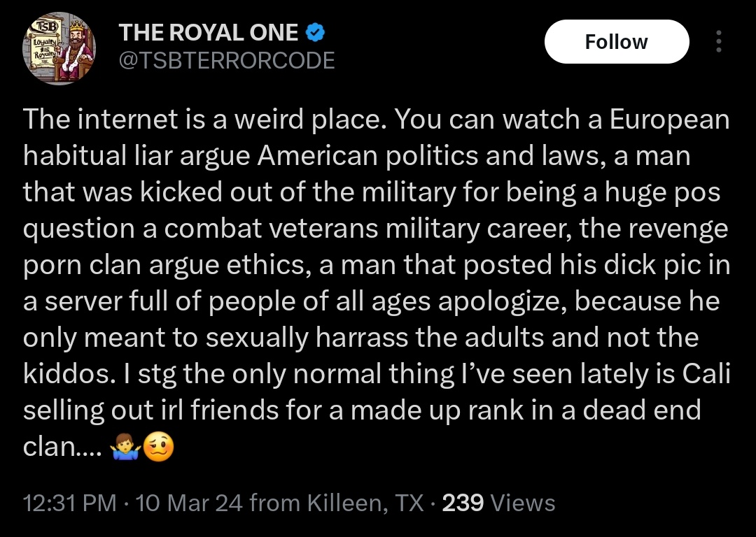 Neutralguy94734's tweet image. Here, you'll find a seasoned liar debating over who gets a seat at a table no one else can see, a guy funneling donations into his own pocket on his way to becoming a merch mogul, and a girl distributing her underage photos into weaponry for online clan warfare. 🤡🤡🤡