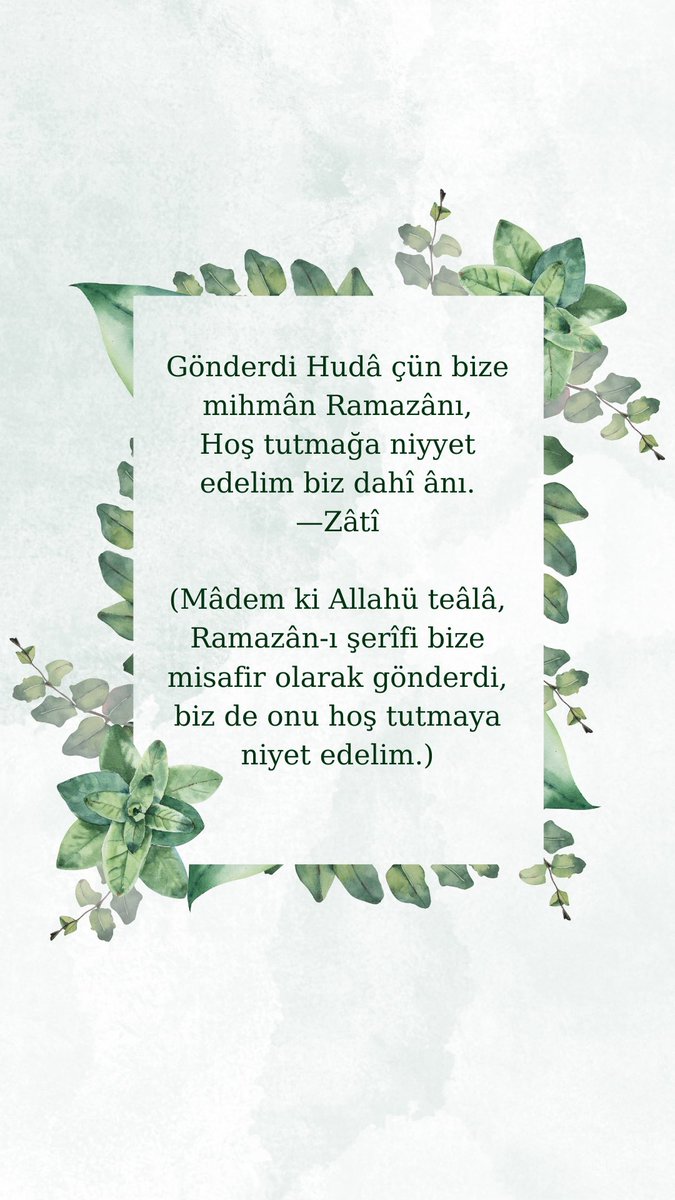Hoşgeldin yâ Şehr-i #Ramazân Dîvan şiirimizin meşhur simalarından Zâtî’nin (1471-1546) Ramazân-ı şerîfle ilgili bir beyti: 👇