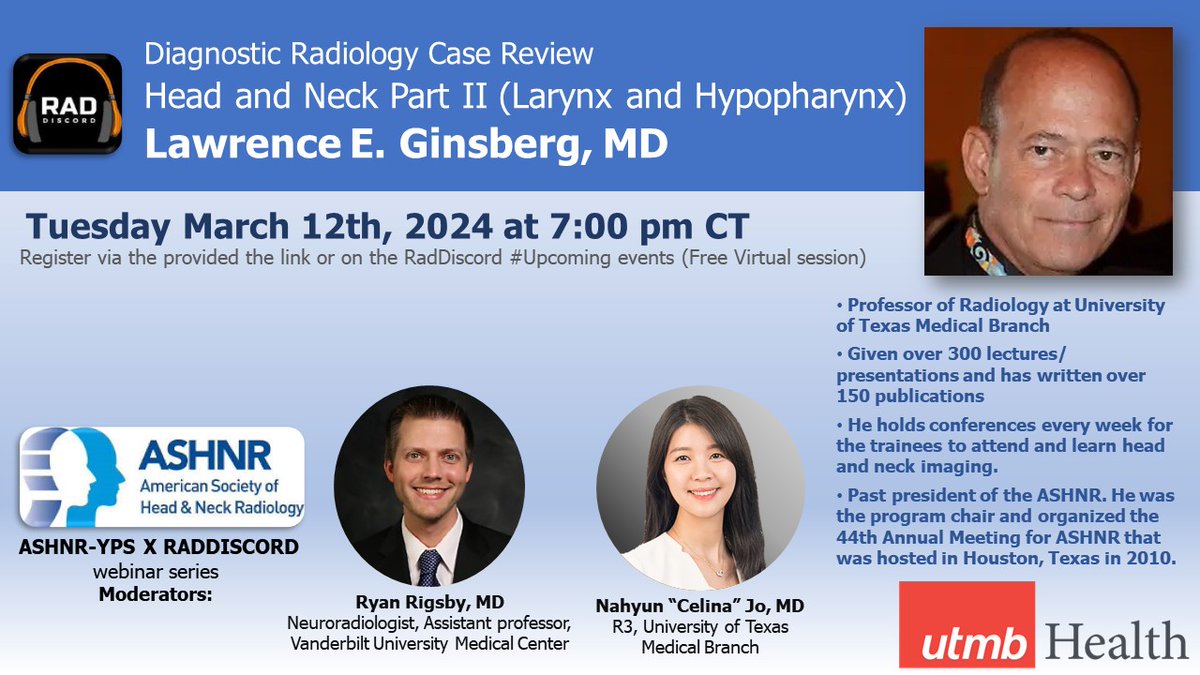 Upcoming Tuesday! Join us for Head and Neck Part 2, Larynx and Hypopharynx session with world-renowned Head and neck radiologist Dr. Ginsberg! Registration: zoom.us/meeting/regist… #ABR2024 #Radiology #radres @ASHNRSociety @RadDiscord