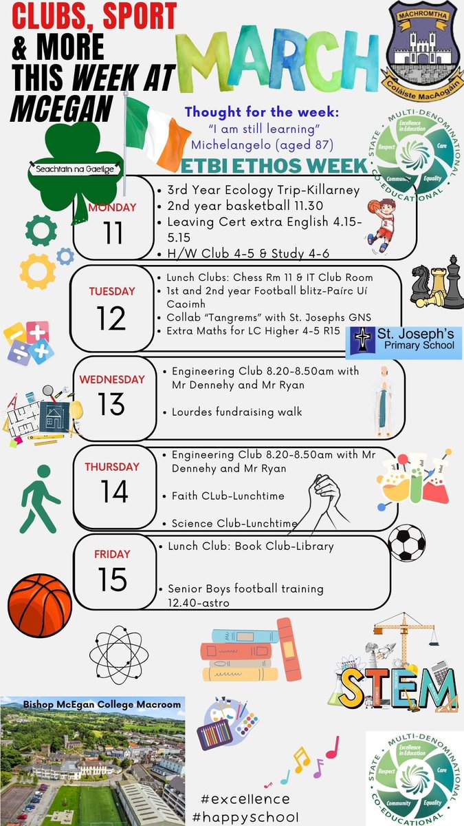 Another busy week ahead at McEgan College. Is Seachtain na Gaeilge í an tseachtain seo arís, go leor gníomhaíochtaí le súil a bheith acu. ☘️🇮🇪 It’s also @ETBIreland Ethos Week with loads of activities to celebrate #excellenceineducation #care #respect #equality #community