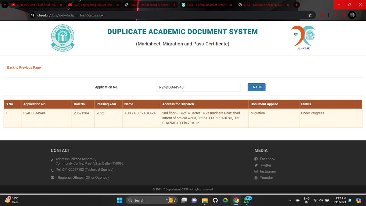 _a_d_i_t__y_a_'s tweet image. i applied the duplicate migration certificate on 22/02/2024 through the CBSE website. But there is no update regarding my migration certificate it still shows in under process, kindly requesting you to please give a look on this. @cbseindia29  #cbse #cbse2022
