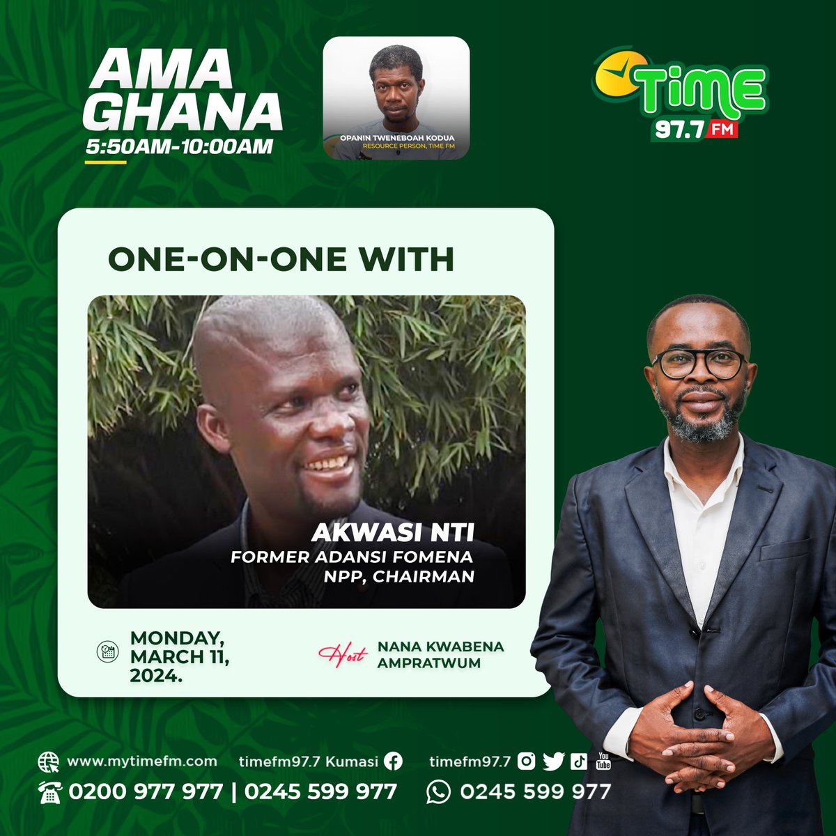 TimeFM977's tweet photo. Join us for a one-on-one interview with Mr. Akwasi Nti tomorrow on #AmaGhana. https://t.co/ocUJ3YbHNR