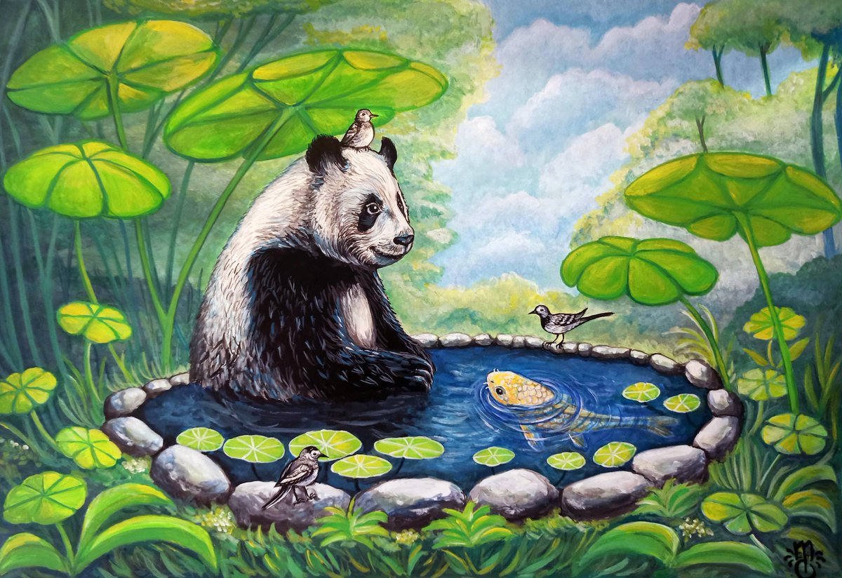 MIOchaMio's tweet photo. Panda in a Pond (gouache on paper) https://t.co/UhnzR5PvJP