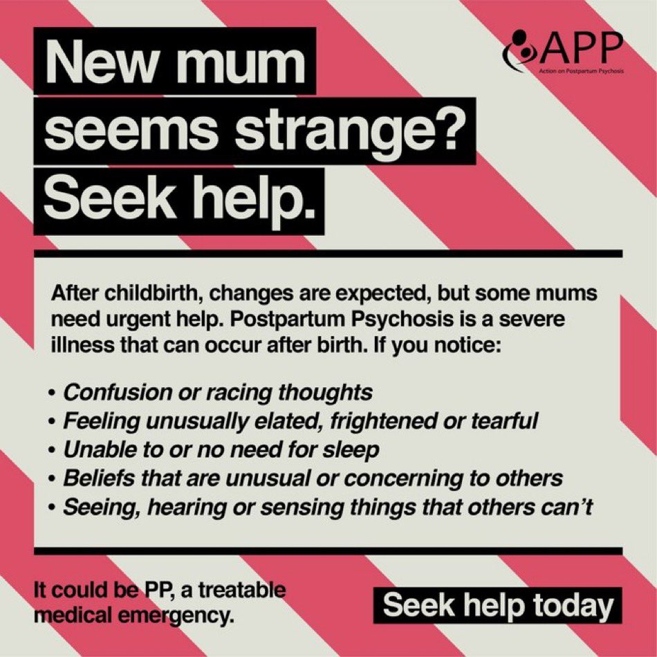 This #MothersDay2024 can we stop for just 1 minute to familiarise ourselves with the signs of postpartum psychosis - a serious but treatable postnatal mental illness that affects 1400 women each year in the UK Knowing the signs could save a life Follow @ActionOnPP for more