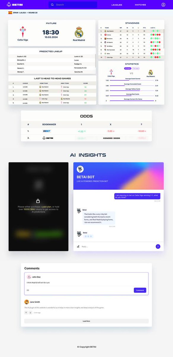 This is what's coming for betAI!

Just a sneak peek of our webapp.

This includes:

— Past performance data
— Statistics
— Standings
— Comments

And most importantly, AI-Driven Insight that will allow you to make informed predictions into the future, through a chat with #BetAI!