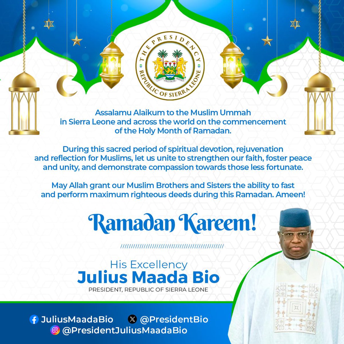 Assalamu Alaikum to the Muslim Ummah in #SierraLeone and across the world on the commencement of the Holy Month of Ramadan. During this sacred period of spiritual devotion, rejuvenation and reflection for Muslims, let us unite to strengthen our faith, foster peace and unity,…