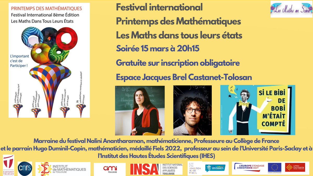 LesMathsEnScene's tweet image. Une soirée avec Nalini Anantharaman et Hugo Duminil Copin le vendredi 15 mars de 20h15 à 22h30
pour la 8ème édition du festival #printempsdesmathématiques  #SDM2024  
helloasso.com/associations/a…