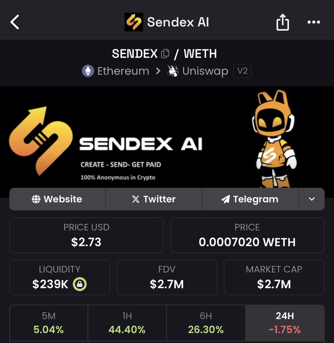 Remy_Ryy's tweet photo. Looks like it’s go time for @SendexAI 

$SENDEX called and aped at $100k Mc and holding steadily.

Revenue for holders

Anonymous payments 

AI partnerships

Here we go 📈 https://t.co/rkLB5QWEar