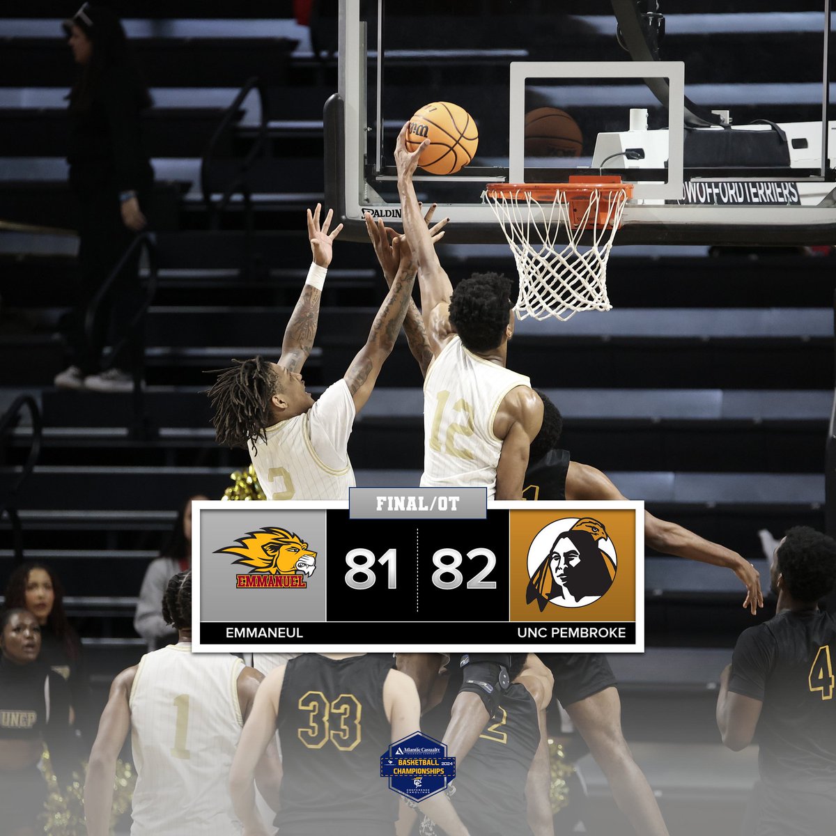 UNC Pembroke holds off Emmanuel to claim the 2024 Atlantic Casualty Conference Carolinas Men's Basketball championship in overtime. #LeadingTheWay