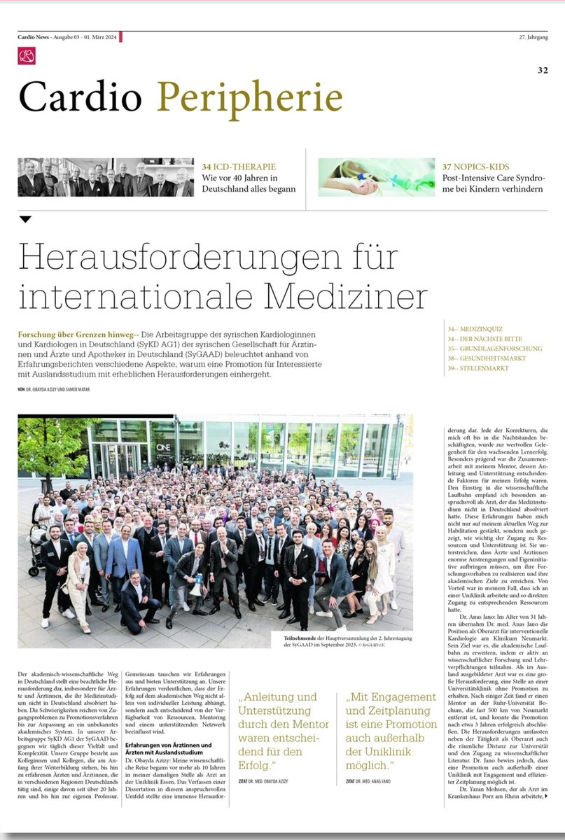 In der 3-24 Ausgabe der #CardioNews erschien ein Artikel von der <a href="/SyKD_AG1/">SyKD</a>, wobei Erfahrungen der im Ausland studierenden #Ärzte beim Verfassen einer #Doktorarbeit in Deutschland geteilt werden.
👉app.cardionews.de/Politik-Gesell…
#SyGAAD #SyKD #SyGAAD_in_der_Presse #Forschung
<a href="/O_Azizy_MD/">Obayda Azizy</a>