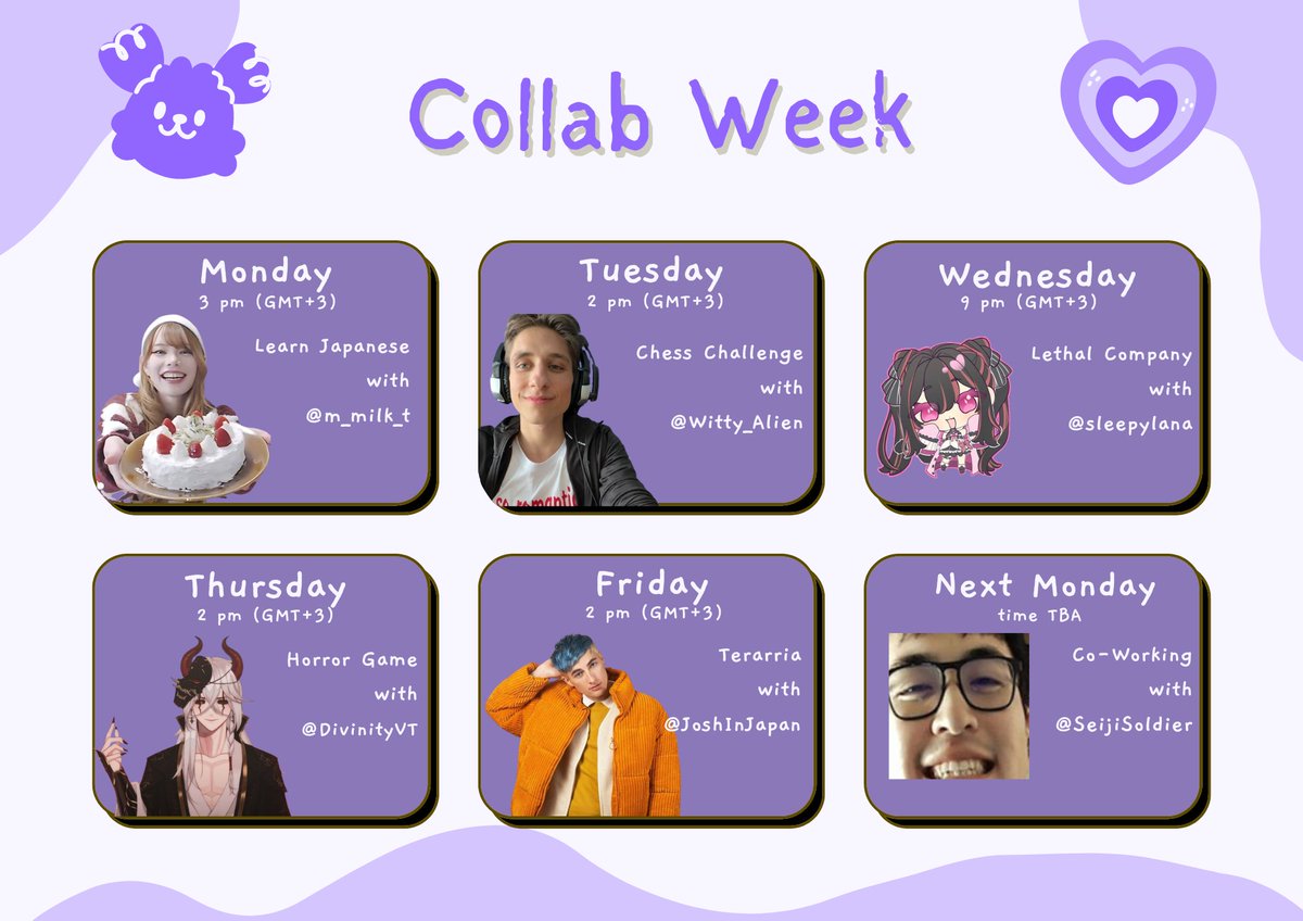 HUGE COLLAB WEEK!! 🤠

i'll be doing co-streams with these lovely streamer friends who agreed to do a collab this week! it's gonna be an exciting week full of various contents on my english channel! 

stay tuned :) 
<a href="/matchamilk2024/">抹茶みるく</a> <a href="/AlienWitty/">Witty_Alien</a> @sleepylanaa @divinityvt