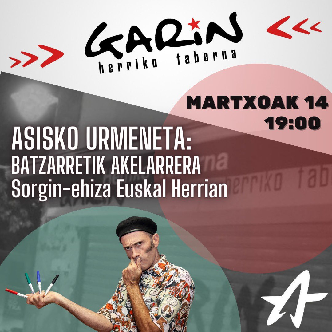🎨 Martxoaren 14ean, 19:00etan, Asisko Urmenetaren eskutik hitzaldia izango dugu Garin Herriko Tabernan. Animatu, giro ederra izango dugu eta!