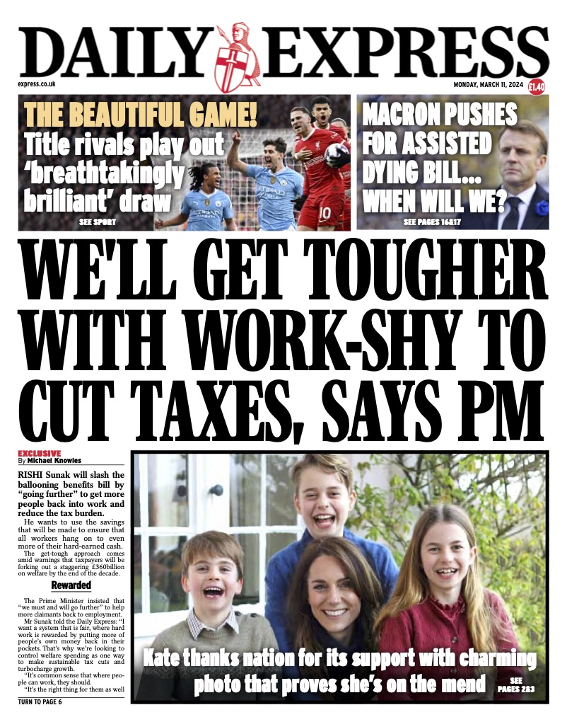 Monday's Express Front Page - We'll get tougher with work-shy to cut taxes, says PM