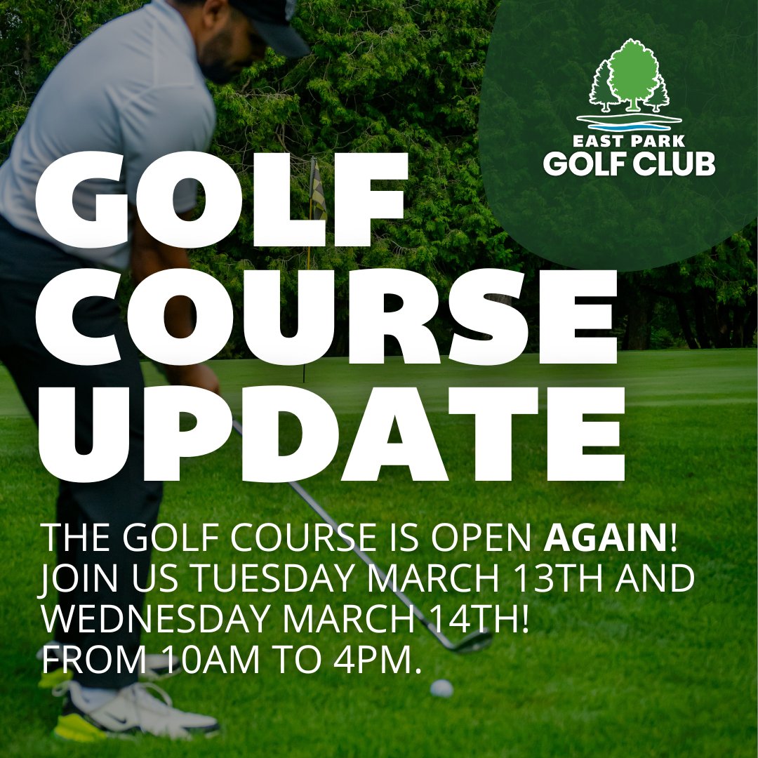 Another round? 🏌️‍♀️⛳️
 
The course is open AGAIN on Tuesday, March 13th, and Wednesday, March 14th 🎉
 
Operating hours will be 10:00am to 4:00pm. We highly recommend purchasing your tee time online in advance to save!
 
Walking only! 
 
⛳️ - eastparklondon.com/golf/book-tee-…