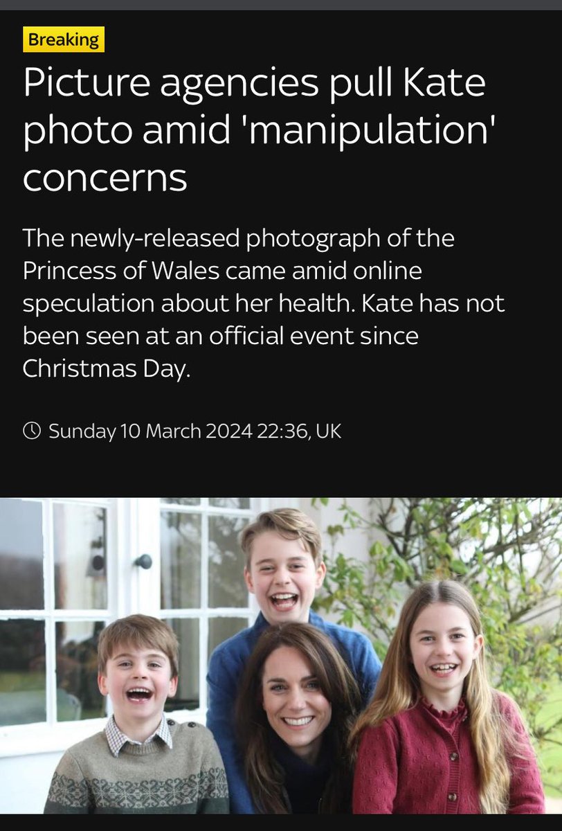 Breaking

The public noticed... Pull the photos!!

The newly-released photograph of the Princess of Wales came amid online speculation about her health. Kate has not been seen at an official event since Christmas Day.

They have been recalled amid manipulation concerns.

😂😂😂