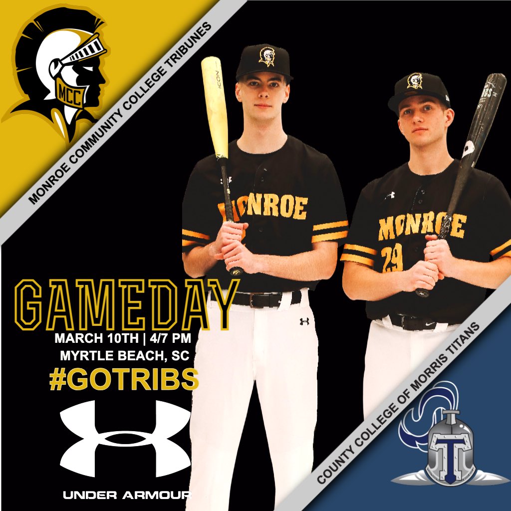 MCCTribunes's tweet photo. Gameday ⚾️
The 2-0 Tribunes take on the Titans in a doubleheader at the Ripken Experience down in Myrtle Beach 🏝️
#GoTribs⚔️ https://t.co/vJJlPYmtKg