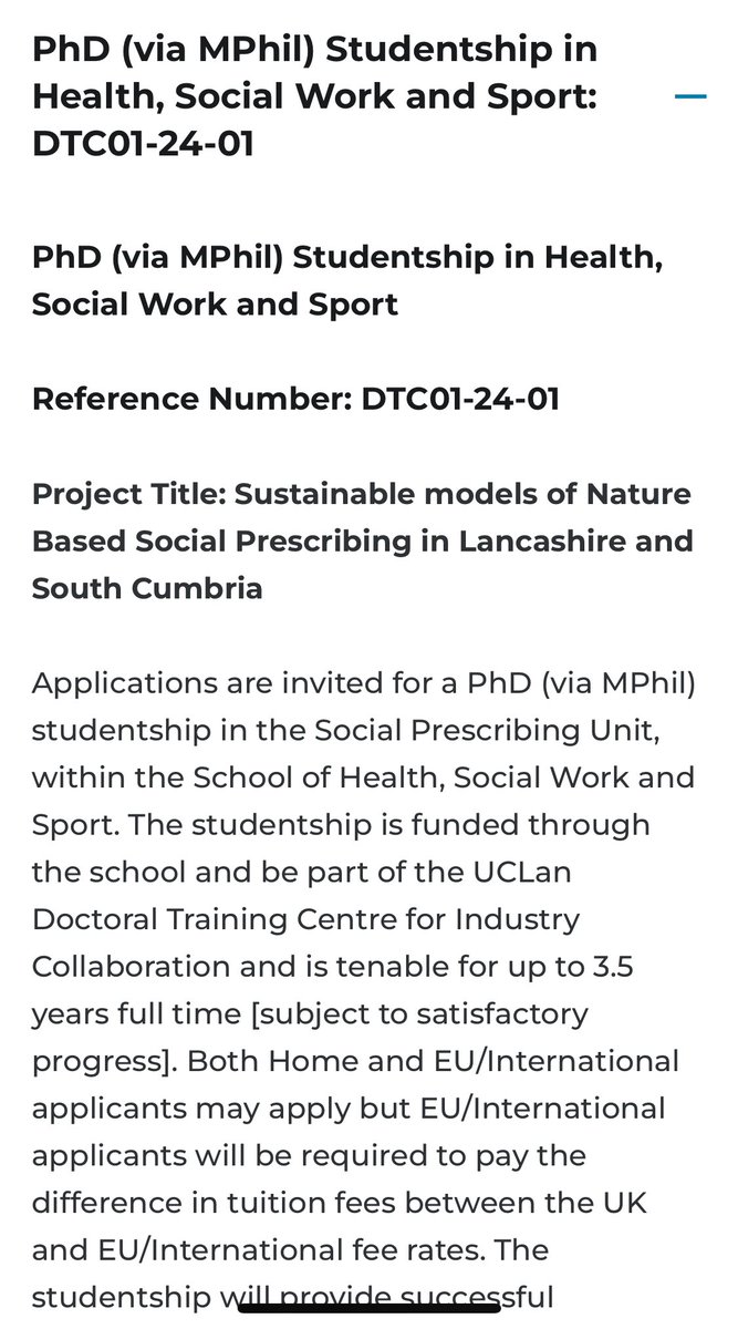 Apply now!! Fully funded #PhD on #Sustainable #models of #Nature #Based #Social #Prescribing in #Lancashire & #South #Cumbria 🙏share Deadline: 12th April 2024 uclan.ac.uk/research/resea…
