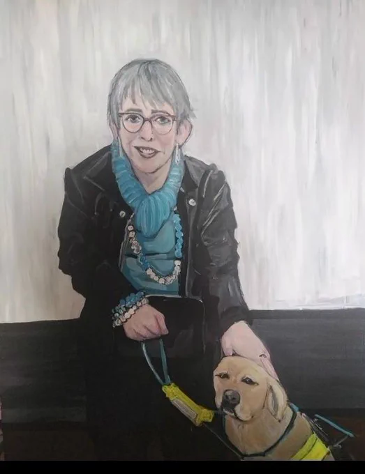 The painting of Patricia who is standing petting the head of Gaston who is sitting wearing his harness