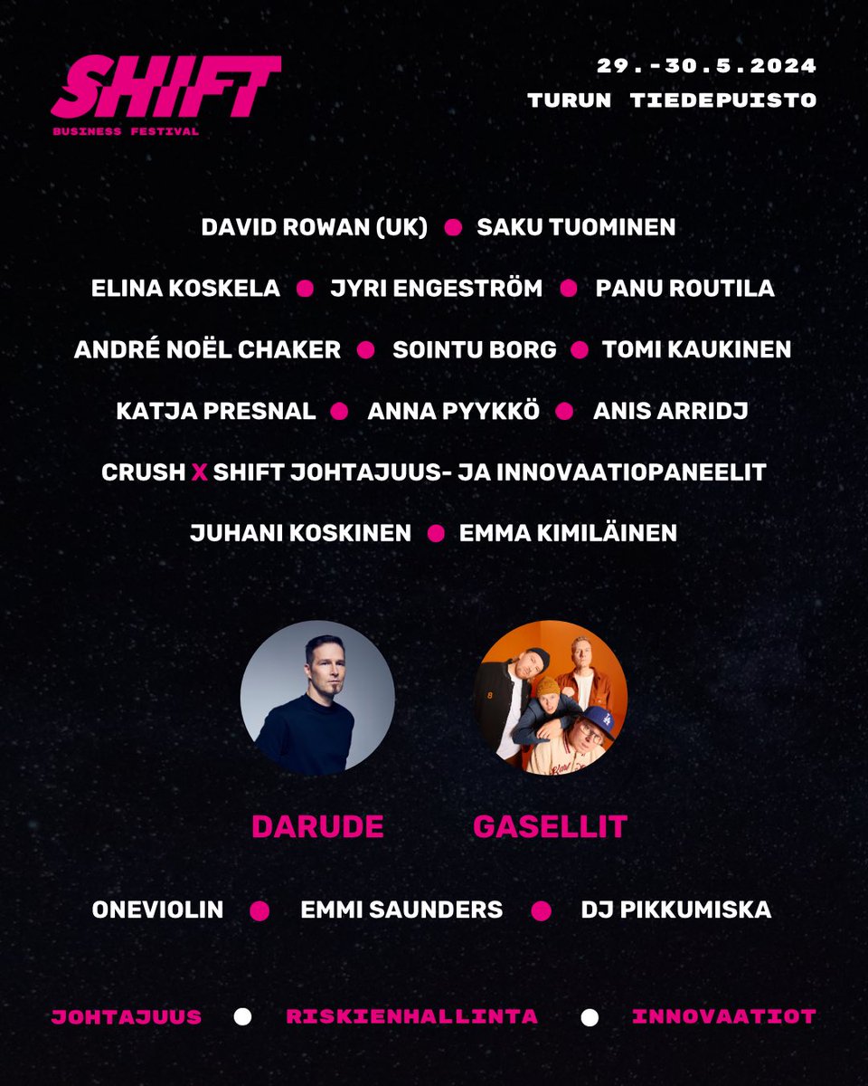 SHIFT 2024 ohjelmaa on päivitetty! 💥

Varmista lippusi alkukesän inspiroivimmille bisnesfestivaaleille nyt!

Ylläty itse teosta – SHIFT Business Festival 29.-30.5. Turun Tiedepuistossa. 

🎟️ Liput: theshift.fi/tickets