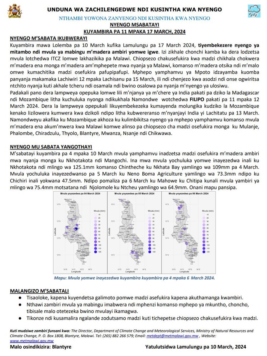 NYENGO M’SABATA IKUBWERAYI
WEEKLY WEATHER STATEMENT
KUYAMBIRA PA 11 MPAKA 17 MARCH, 2024